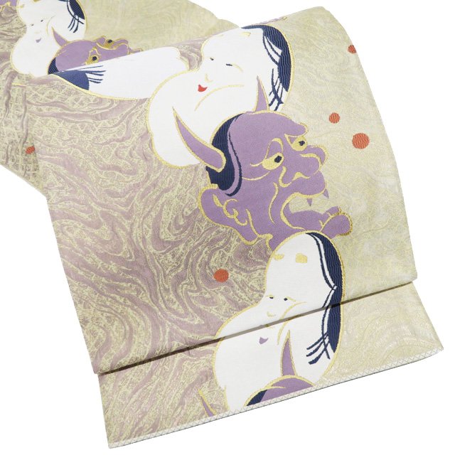 【 中古 】 袋帯 リサイクル 正絹 仕立て上がり 六通 西陣織 ラベル付き 般若とおかめの図 箔糸 枯草色 浅紫色 多色 金 A1091-9 [和服 着物 お茶会 お茶席 茶道 kimono 送料無料 きもの北條]のサムネイル