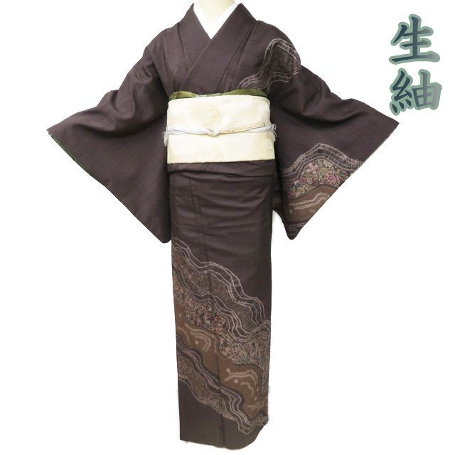 Rakuten - ＼ FINAL PRICE ／ 【 中古 】 紬 リサイクル着物 正絹 袷 セミフォーマル 生紬 花の図 絞り 焦茶色 多色 身丈161cm 裄65cm M A941-9 [ 和服 きもの 紬 普段着 kimono アウトレット 送料無料 きもの北條]