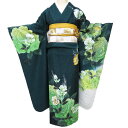 【 中古 】 振袖 リサイクル着物 正絹 花模様 薔薇 バラ 銀通し 深緑色 多色 金銀 身丈174.5cm 裄69.5cm L トール A1156-9 [和服...