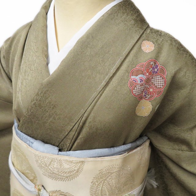 【 未使用 】 付下げ 付け下げ 訪問着 着物 正絹 袷 花の図 地模様 反端付き 油色 多色 身丈166.5cm 裄68cm L トール A1158-9 [和服 入学式 卒業式 お茶会 お茶席 茶道 お宮参り 送料無料 きもの北條]