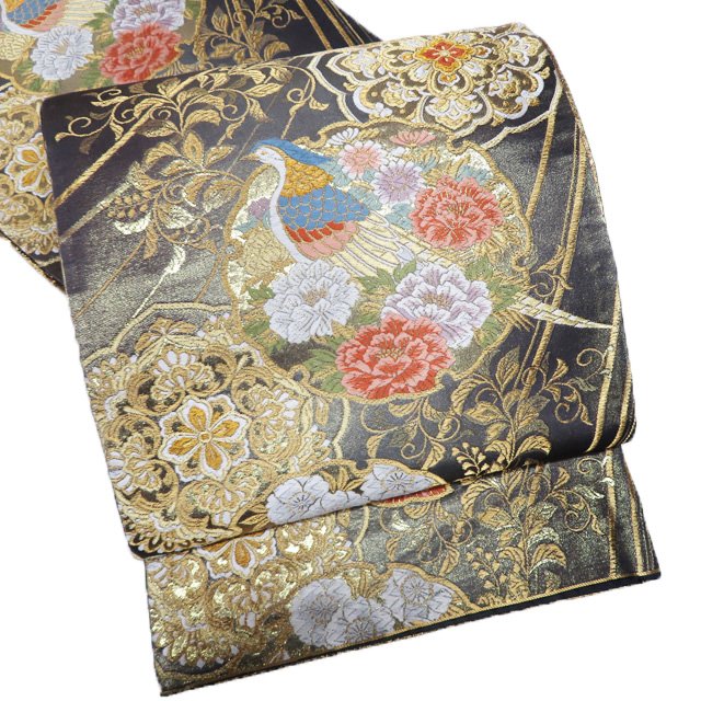 【 中古 】 袋帯 リサイクル 正絹 フォーマル 仕立て上がり 六通 花鳥の図 雪輪 蝶 花紋 華文 引箔 鼠系色 多色 金 A1187-9 [結婚式 お宮参り お茶会 お茶席 茶道 七五三 式典 利休忌 送料無料 きもの北條]