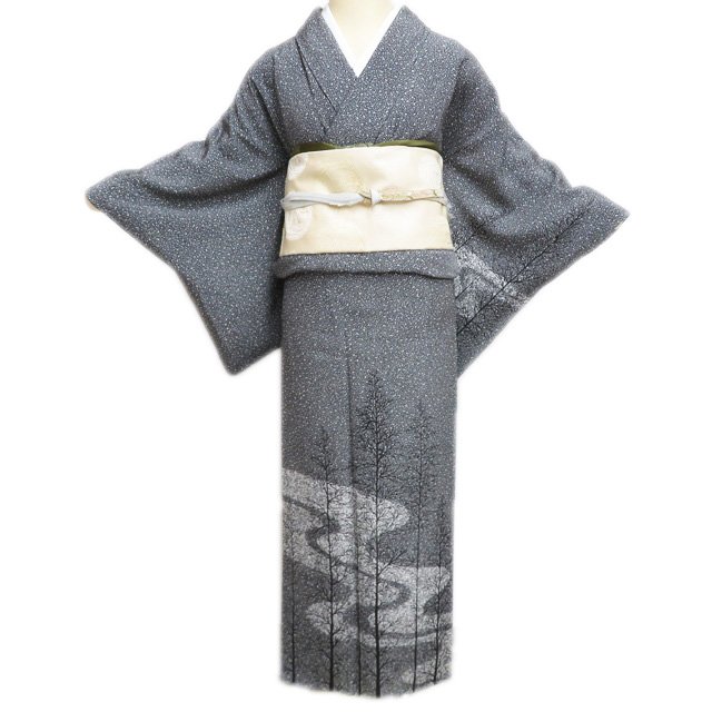乐天商城 - 【 中古 】 訪問着 リサイクル着物 正絹 袷 フォーマル たたき染め 風景 木々の図 黒色 身丈156cm 裄62cm M A1265-9 [入学式 卒業式 お宮参り 結婚式 お茶会 お茶席 茶道 利休忌 和服 送料無料 きもの北條]