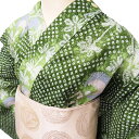 【 中古 】 夏物 浴衣 リサイクル着物 木綿 カジュアル 絞り染め 花と蝶模様 風鈴 草色 多色 身丈169cm 裄71cm L トール ワイド A1035-...