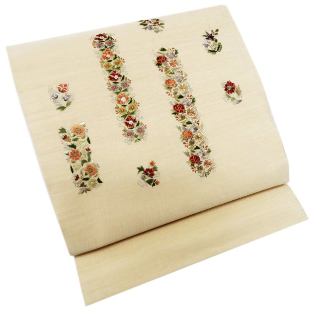 【 中古 】 特選 名古屋帯 なごや帯 リサイクル 正絹 カジュアル 仕立て上がり 手刺繍 花の図 麹色 多..