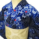 【 中古 】 夏物 浴衣 リサイクル着物 木綿 カジュアル 絞り染め 花と雪輪模様 濃紺色 群青色 多色 身丈155.5cm 裄65cm S A1035-11 ...