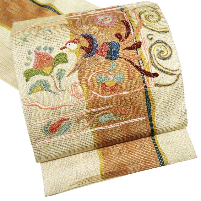 【 中古 】 袋帯 リサイクル 正絹 カジュアル 仕立て上がり お太鼓柄 刺繍 花鳥模様 蒸栗色 薄茶色 多色 金 A1073-11 [ 和服 お茶会 お茶席 茶道 着物 帯 kimono 通販 購入 送料無料 きもの北條]