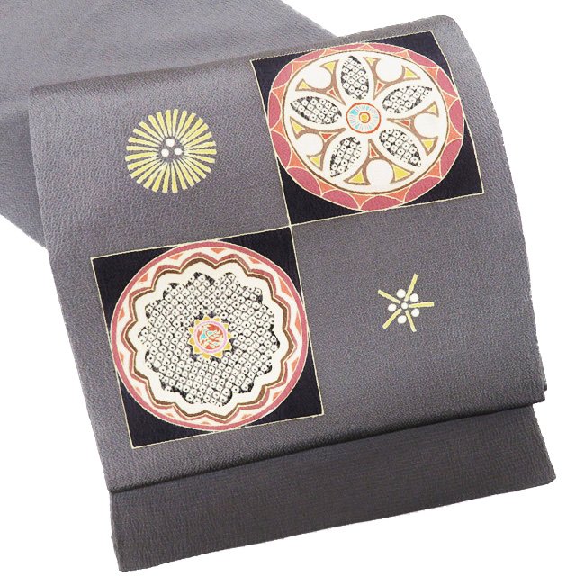 【 未使用 】 特選 袋帯 正絹 カジュアル 仕立て上がり お太鼓柄 縮緬地 花紋 華文 灰汁色 多色 A1093-..