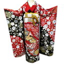 【 中古 】 振袖 着物 リサイクル 正絹 袷 金駒刺繍 花模様 扇子 蝶 金通し 赤色 黒色 多色 金 身丈161cm 裄65.5cm M A967-11 [...