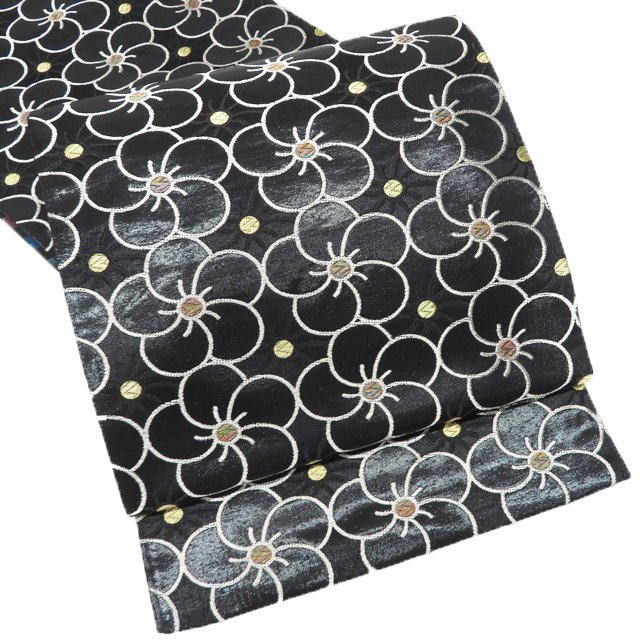 【 中古 】 袋帯 リサイクル 正絹 セミフォーマル 仕立て上がり 六通 梅模様 箔糸 黒色 金銀 A1279-11 [入学式 卒業式 お茶会 お茶席 茶道 送料無料 きもの北條]