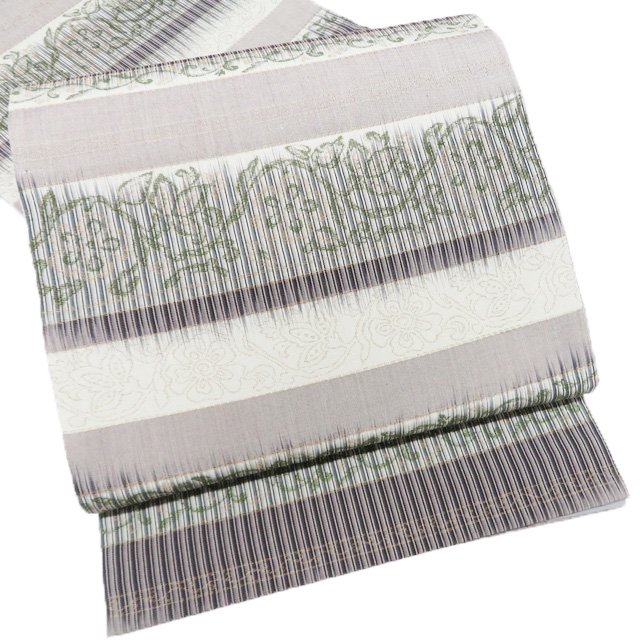 【 未使用 】 袋帯 正絹 セミフォーマル カジュアル 仕立て上がり 全通 横段模様 花模様 箔糸 茶鼠色 ..