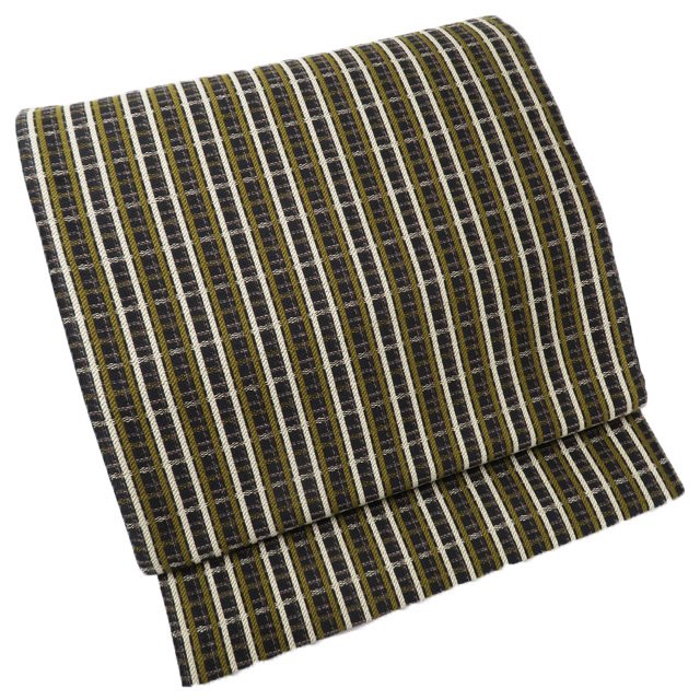 【 未使用 】 京袋帯 名古屋帯 正絹 カジュアル 仕立て上がり 六通 格子模様 墨色 鶯色 灰白色 A883-12 [ 和服 お茶会 お茶席 茶道 帯 きもの kimono アウトレット 送料無料 きもの北條]