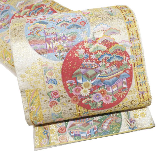 Rakuten - 【 中古 】 袋帯 リサイクル 正絹 フォーマル 仕立て上がり 六通 風景 花模様 箔糸 多色 金 A970-13 [ 和服 お茶会 お茶席 茶道 着物 帯 kimono 通販 購入 送料無料 きもの北條]