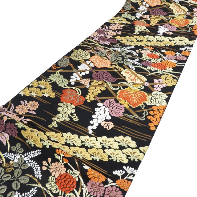 【 中古 】 袋帯 リサイクル 正絹 フォーマル 仕立て上がり 六通 能衣唐織 草花文様 垣に葡萄 黒色 多色 金 A971-13 [ 和服 お茶会 お茶席 茶道 着物 帯 kimono 通販 購入 送料無料 きもの北條]