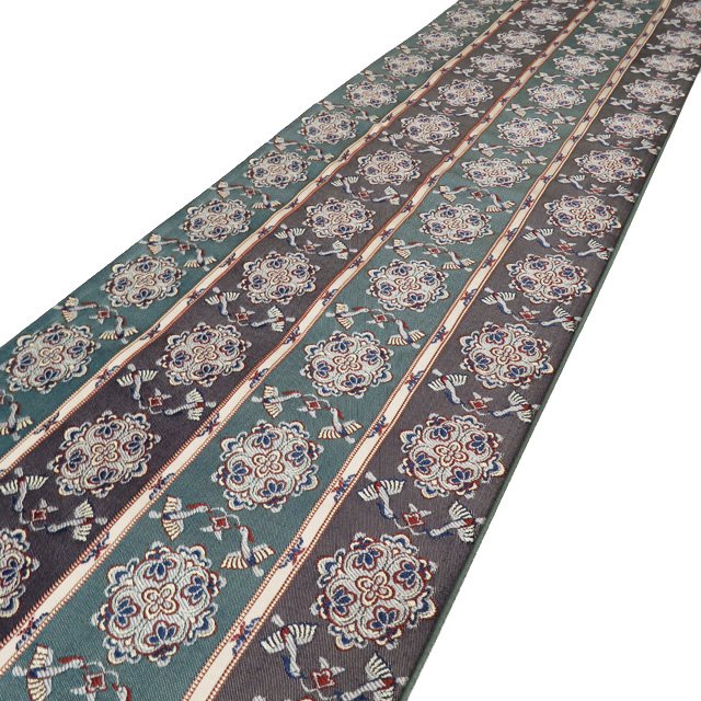 【 中古 】 袋帯 リサイクル 正絹 カジュアル 仕立て上がり 六通 縦段模様 花鳥文様 青竹色 濃紺色 灰白色 多色 袋帯 A983-13 [ 和服 お茶会 お茶席 茶道 着物 帯 kimono 通販 購入 送料無料 きもの北條]