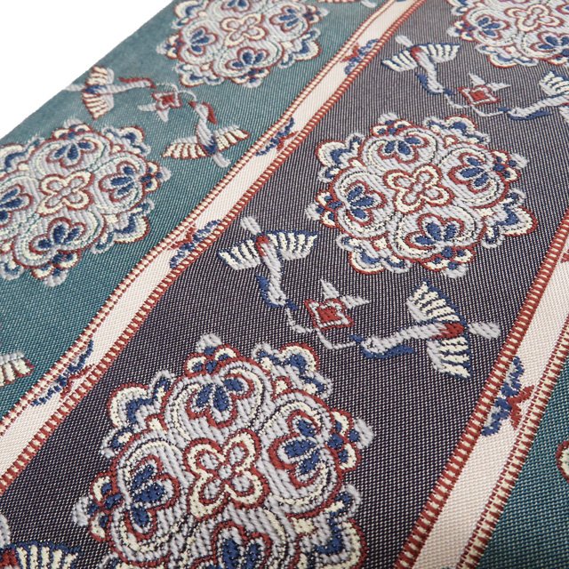 【 中古 】 袋帯 リサイクル 正絹 カジュアル 仕立て上がり 六通 縦段模様 花鳥文様 青竹色 濃紺色 灰白色 多色 袋帯 A983-13 [ 和服 お茶会 お茶席 茶道 着物 帯 kimono 通販 購入 送料無料 きもの北條]