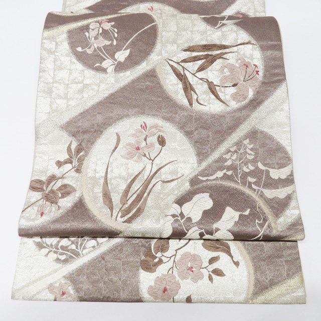 【 中古 】 袋帯 リサイクル 正絹 フォーマル 仕立て上がり 六通 花の図 箔糸 茶鼠色 多色 金銀 A1234-..