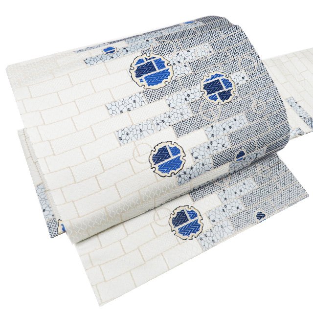 【 中古 】 特選 作り帯 付け帯 つけ帯 リサイクル 正絹 カジュアル 仕立て上がり 阿波藍 雪輪 花模様 菱文 絹鼠色 青系色 A1267-13 [ワンタッチ帯 軽装帯 二部式帯 簡単帯 簡単 付帯 和服 送料無料 きもの北條]