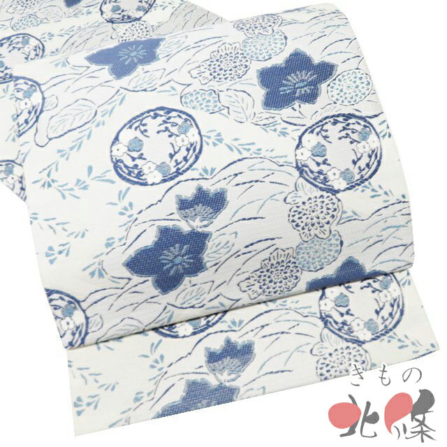 【 中古 】 袋帯 リサイクル 正絹 カジュアル 仕立て上がり 六通 花模様 白鼠色 紺系色 A1295-13 [観劇 コンサート お茶会 パーティー お食事 洒落袋帯 kimono 送料無料 きもの北條]