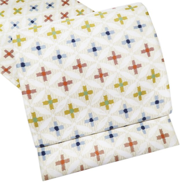 【 中古 】 袋帯 リサイクル 正絹 カジュアル 仕立て上がり 六通 紹巴 利休絣 七宝 淡黄蘗色 多色 A1002-14 [ 和服 お茶会 お茶席 茶道 着物 帯 kimono 通販 購入 送料無料 きもの北條]