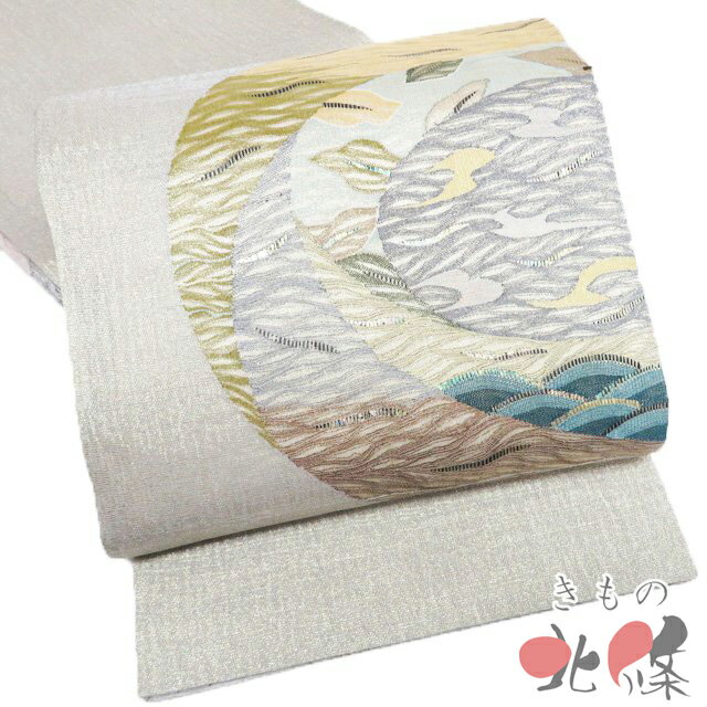 【 中古 】 袋帯 リサイクル 正絹 仕立て上がり リバーシブル よろけ織 すくい織 波筬織 銀通し 灰白色..