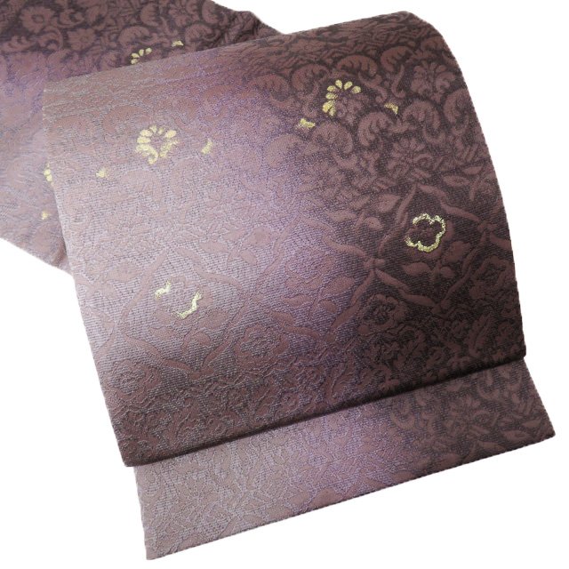 【 未使用 】 袋帯 正絹 カジュアル 仕立て上がり 全通 植物文様 茶系色 箔糸 金 A858-15 [ 和服 リサ..