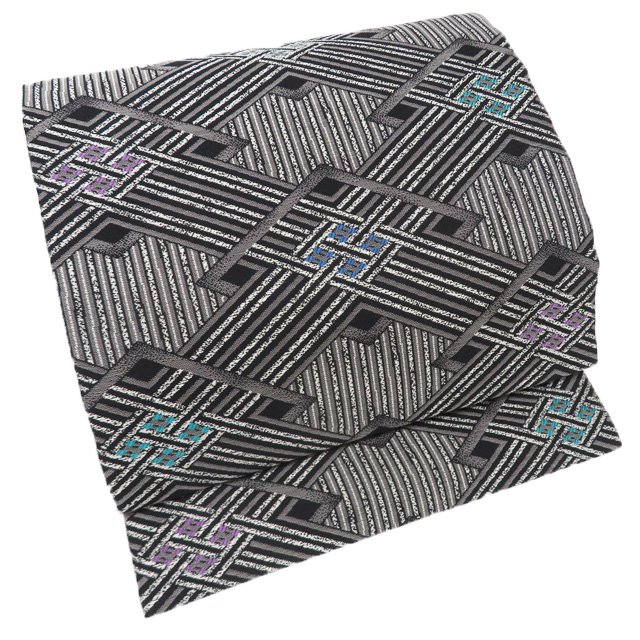 【 未使用 】 名古屋帯 なごや帯 正絹 カジュアル 仕立て上がり 菱模様 箔糸 黒色 鼠色 多色 銀 A1270-15 [観劇 コンサート お茶会 パーティー お食事 洒落帯 kimono 送料無料 きもの北條](4)