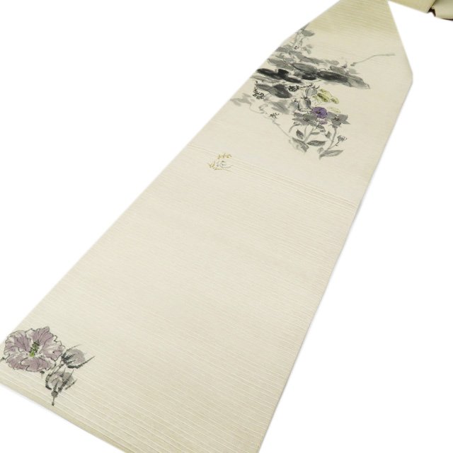 【 中古 】 夏物 名古屋帯 なごや帯 リサイクル 正絹 カジュアル 仕立て上がり 作家物 落款 花の図 象牙色 多色 A1040-16 [ 和服 お茶会 お茶席 茶道 リサイクル 着物 帯 普段着 盛夏 夏 kimono 送料無料 きもの北條]