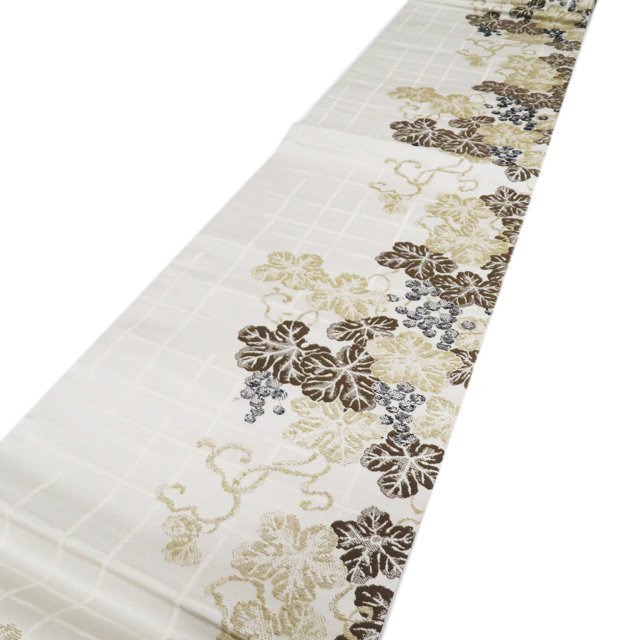 【 中古 】 袋帯 リサイクル 正絹 カジュアル 仕立て上がり 六通 葉っぱ模様 灰白色 茶系色 A1047-16 [ 和服 お茶会 お茶席 茶道 着物 帯 kimono 通販 購入 送料無料 きもの北條]