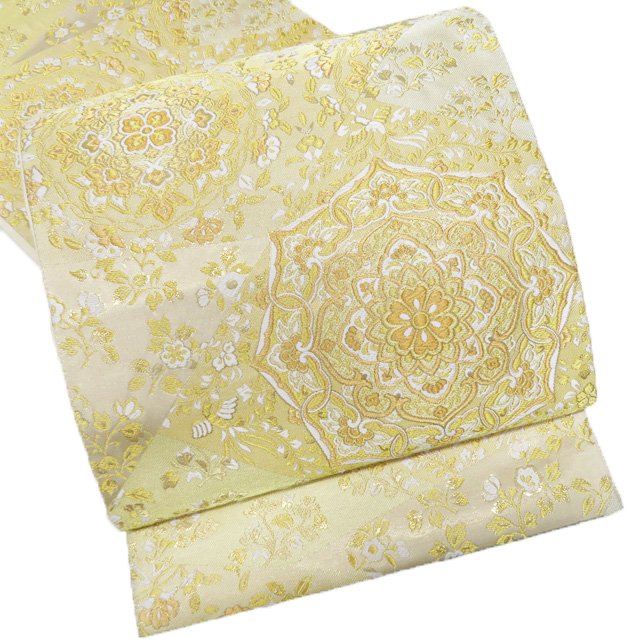 【 中古 】 袋帯 リサイクル 正絹 フォーマル 仕立て上がり 六通 本金箔 花紋 華文 箔糸 練色 白色 金 A1206-16 [結婚式 お宮参り お茶会 お茶席 茶道 七五三 式典 利休忌 送料無料 きもの北條]