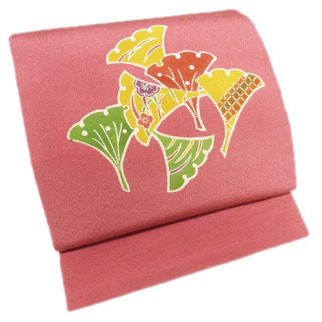 【 中古 】 名古屋帯 なごや帯 リサイクル 正絹 カジュアル 仕立て上がり 縮緬地 イチョウに植物文様 海棠色 多色 A1253-16 [観劇 コンサート お茶会 パーティー お食事 洒落帯 kimono 送料無料 きもの北條]