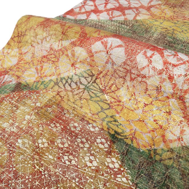 【 中古 】 特選 袋帯 リサイクル 正絹 カジュアル 仕立て上がり 全通 牛首紬 白山工房 ラベル付き 絞り模様 花模様 多色 金 A865-17 [ 和服 紬 袋帯 しゃれ帯 kimono 送料無料 きもの北條]