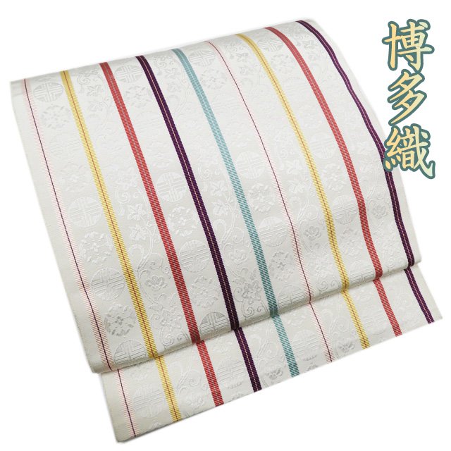 Rakuten - 【 中古 】 名古屋帯 なごや帯 リサイクル 正絹 カジュアル 仕立て上がり 全通 三越扱い 博多織 縦段模様 灰白色 多色 A993-17 [ 和服 お茶会 お茶席 茶道 着物 帯 きもの kimono アウトレット 送料無料 きもの北條]