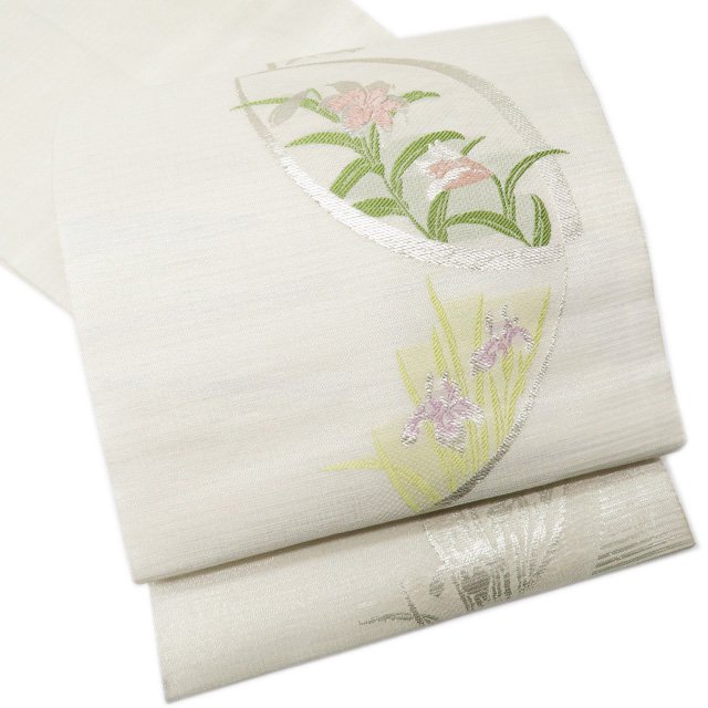 \ FINAL PRICE / 【 中古 】 特選 夏物 袋帯 リサイクル お太鼓柄 リバーシブル 七宝草花文 藤 百合 菖蒲 バベル 銀通し 白色 多色 金銀...