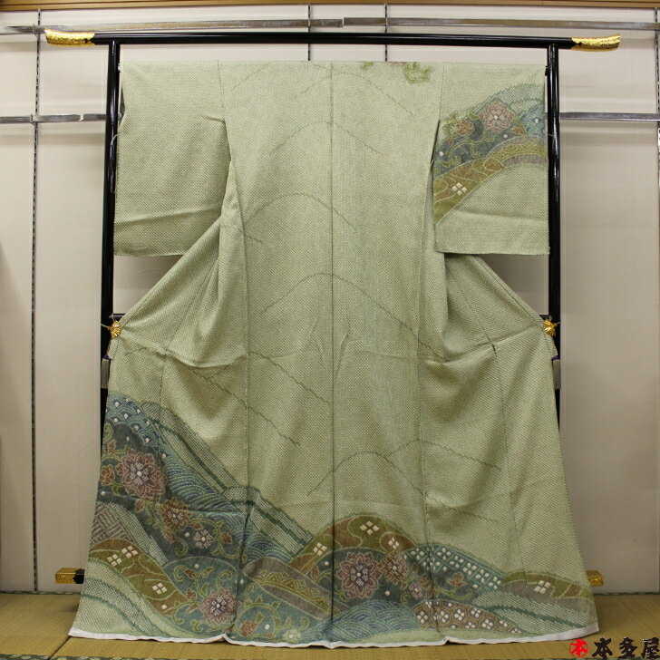 【スーパーSALE50％OFF】 訪問着 有松鳴海絞 有松絞 鳴海絞 有松 鳴海 絞り 着物 きもの 仮絵羽 未仕立て 反物 誂え 総絞り 生地 日本製 絵羽 模様 綸子 日本 括り くくり 海外 染色 日本製 秘蔵品 年代物 最高級品 ヤケ有 空気ヤケ 経年退色 模様部分 色合い 八掛 濃淡 翠