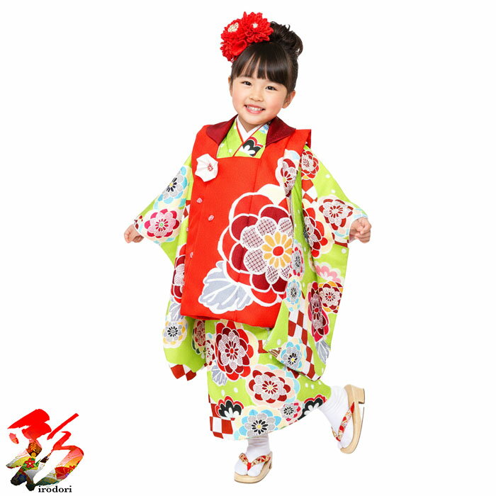 【レンタル】『古都小町　黄緑　被布赤』3girl-hf-432 七五三 着物 レンタル 3歳 女の子 被布 着物セット レンタル お宮参り ひなまつり 前撮り 着物　着付けマニュアル付き　往復送料無料 新品足袋プレゼント(4)