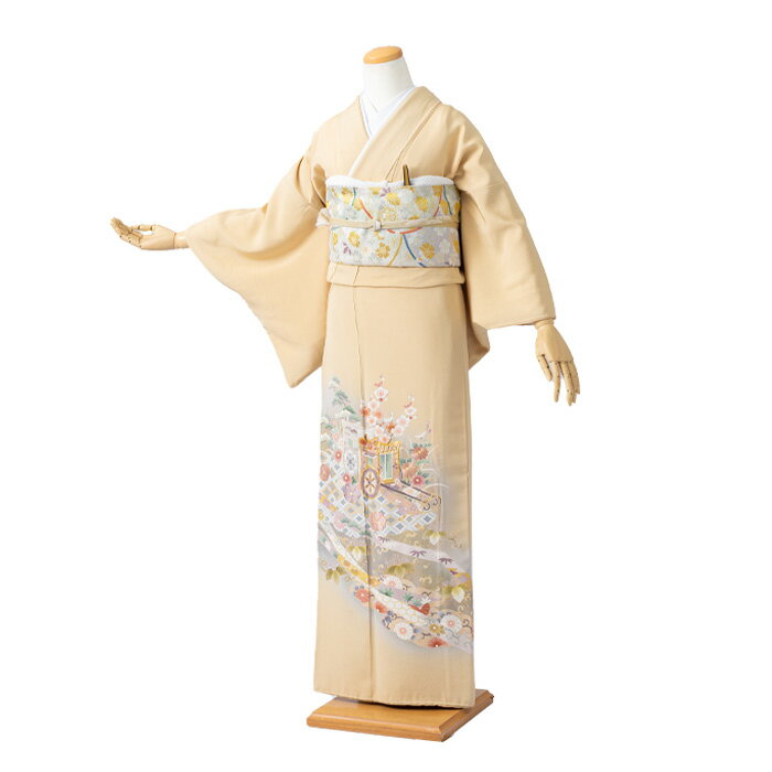 【レンタル】【色留袖】【卒業式】【正絹】 『御所車に七宝』izumo_i_it1056　正絹　結婚式　貸衣装　色留袖レンタル　着物　母親　着物レンタル　フルセット　留袖レンタル　レンタル衣装　女性　【往復送料無料】【新品足袋プレゼント】