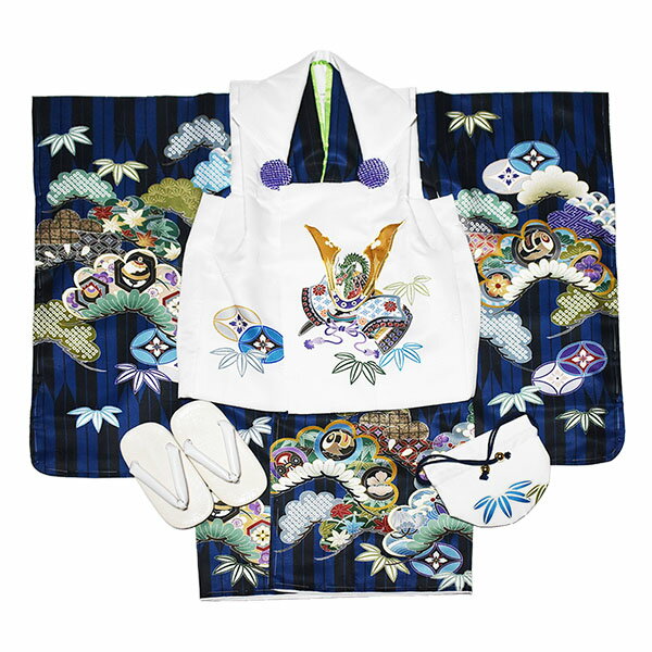 【送料無料】被布6点セット 七五三 雪駄・巾着付き 男の子 男児 3歳 三歳 紺 矢絣 兜 着物 古典 モダン 被布コートセット 刺繍 ポリエステル 三つ身セッ...