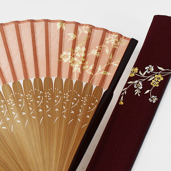 紗羅 扇子 扇袋セット 更紗 親艶染中染骨 桐箱付き 珊瑚 ピンク プレゼント ギフト 贈り物 せんす 母の日 女性用 女物 レディース 婦人用 竹 19.5cm おしゃれ かわいい お土産 海外へ 末広 無料ラッピング 扇子袋セット 山二