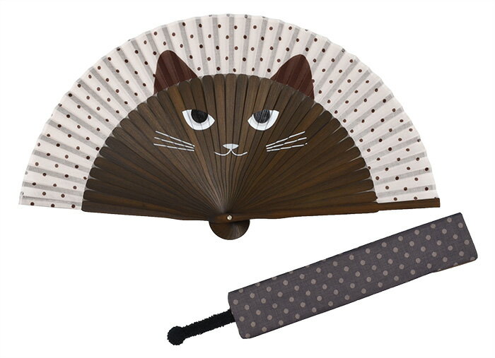 布扇子　（ケース・箱付き）　キャッツアイ　茶　【猫】【cat】【folding fan】【浴衣】【和雑貨】