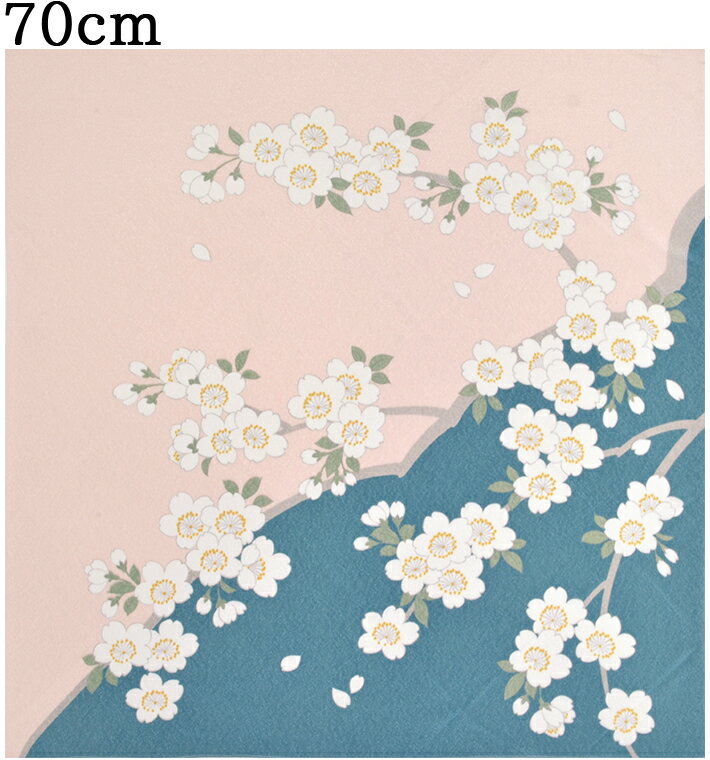 光悦ちりめん風呂敷　友禅　桜　グリーン×ピンク　70cm　【ふろしき】【日本製】