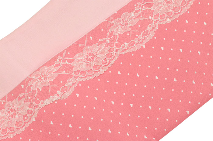 3Way 両面半巾帯 ピンク ハートドット×無地 レース付き 【小袋帯】【浴衣帯】【半幅帯】【細帯】【女性】【レディース】