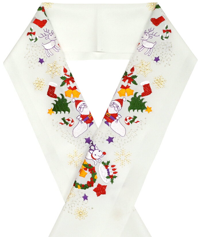 ポリエステル クリスマス刺繍半衿 白×カラフル サンタクロースとトナカイ、雪だるま 【洗える半襟】【女性・男性】【レディース・メンズ】【Christmas】【S...