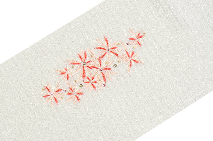ポリエステル　夏物ちりめん　刺繍半衿　絽　白×赤　花火（ラインストーン付き）　【洗える半襟】【日本製】【夏きもの】のサムネイル