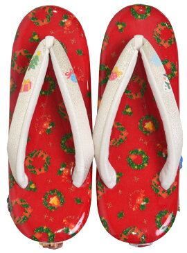 クリスマス草履 赤×白・銀(鼻緒) Xmasリース Mサイズ(23,5cm) 【女性】【レディース】【和装履物】【日本製】 【Christmas】【サンタクロース】【トナカイ】