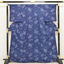 希少 浦野理一 作品 経節 生紬 本藍 手織り 162,5cm 裄64,5cm 7号〜11号 丸洗い済み 汚れなし 鶴 亀 エ霞文 お出かけ 観劇 お稽古 お買...