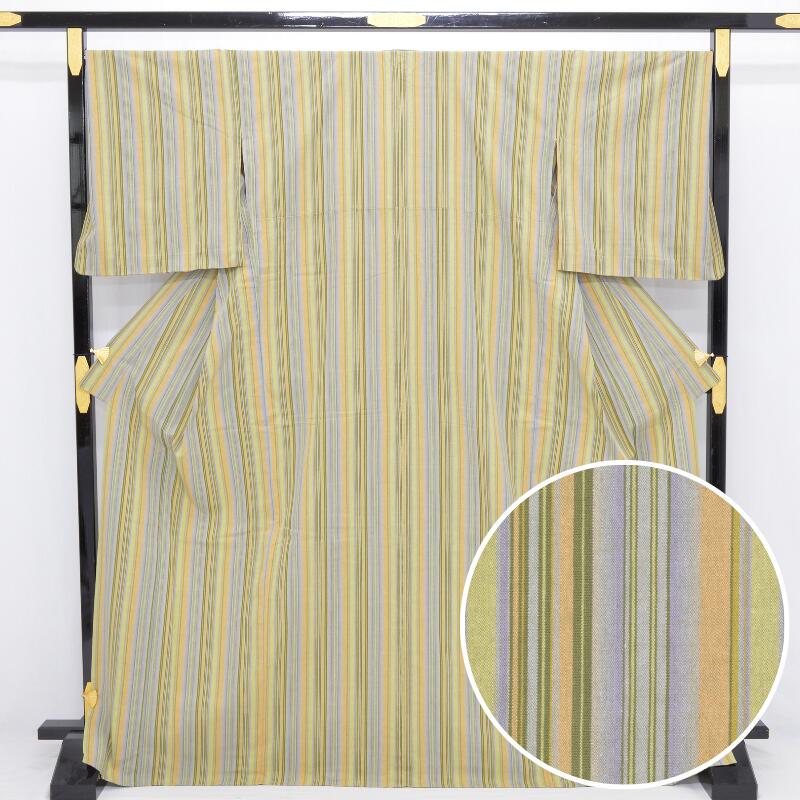 新品 純綿 単衣 うぐいす色系 たてしま文様 超トールサイズ 172cm 裄74cm 11号～15号 バチ衿 春 夏 秋 の普段にステキに着用できます 年令は問いません カジュアルな食事会 お稽古 旅行 着物 リサイクル店 送料無料 (01-06-34)