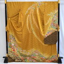振袖2点セット 正絹 振袖 トールサイズ 逸品 辻が花 黄土色 金彩 どんす 金通し 身丈170,5cm 裄72cm 袋帯 西陣 錦織り 黒 金 亀甲文花鳥 高級仕立て 結婚式 成人式 パーティ 振袖セット 着物 中古 リサイクル 着物屋 送料無料 (10-04-006)