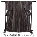 洗える着物 袷 小紋 フリーサイズ 仕立て上がり 単品 焦げ茶色 更紗間道 縞 七宝 ハナエモリ 女性 レディース 和装 和服 きもの プレタ 春 秋 冬 きもの カジュアル 可愛い 普段着 ポリエステル 送料無料 あす楽