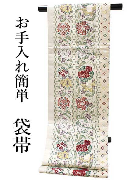 袋帯 礼装 軽め ベージュ 金 白 緑 赤 花唐草 花 牡丹 萩 菊 梅 単品 新品 訪問着 セミフォーマル カジュアル ポリエステル 洗える 仕立て上がり プレタ レディース 女性 和服 和装 着物 送料無料