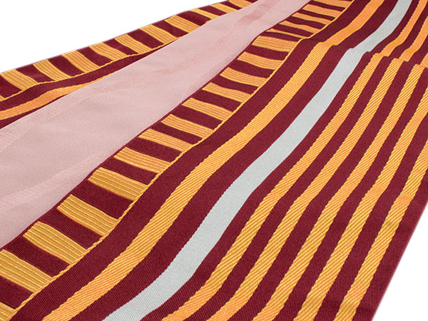 半幅帯 新品 えんじ 黄 白 ストライプ リバーシブル 半巾帯　半帯 小袋帯 細帯 着物 帯 和装 和服 ポリエステル 洗える 浴衣 浴衣帯 女性 レディース ksクワ